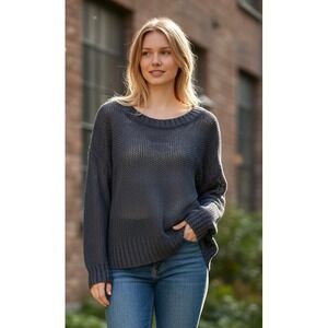 J. Crew Knit Linen Sweater Navy Blue Mesh Crew Neck Long Sleeve Size Medium